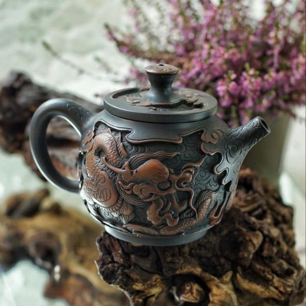 Чайник из Гуанси Ши Пяо «Дракон и феникс» резной 225 мл фото